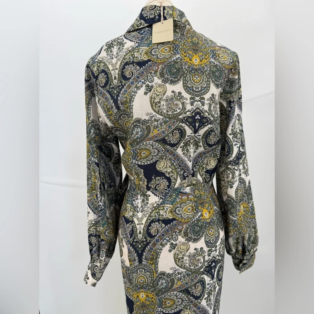 Magaschoni Sophisticated Paisley Belted Wrap Dress – Navy Gold Long Sleeve Midi - Picture 5 of 17